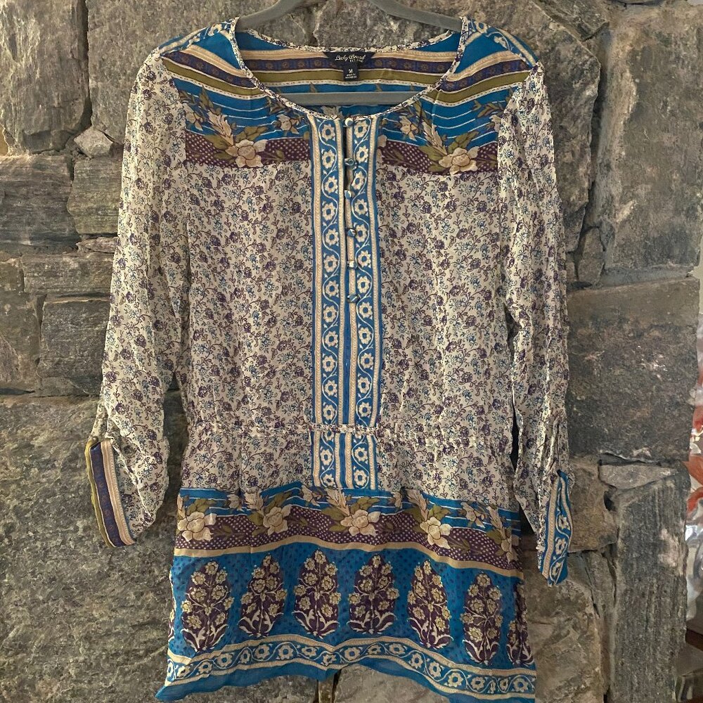 LUCKY BRAND SEMI-SHEER BOHO BLOUSE, TUNIC SZ MED, LIKE NEW